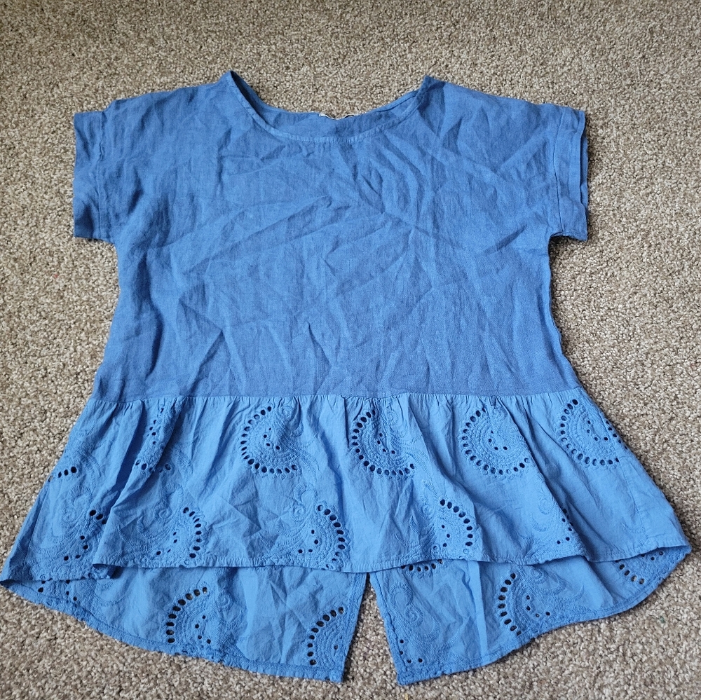 Terzo Millennio Top Women's S 100% Linen Embroidered Hem Tunic Italy Blue